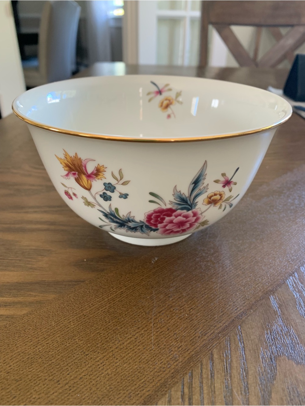 Avon Porcelain Floral Gold-Trim Serving Bowl - White with Pink & Blue Flowers